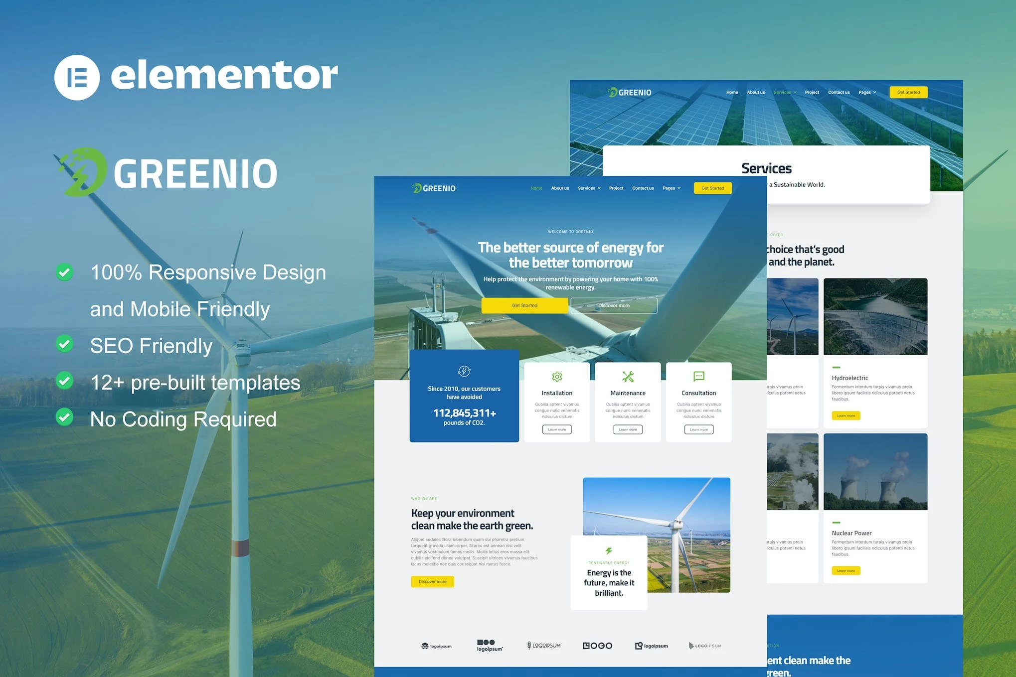 Greenio - Template Kit Elementor para una empresa de energía y tecnología verdes