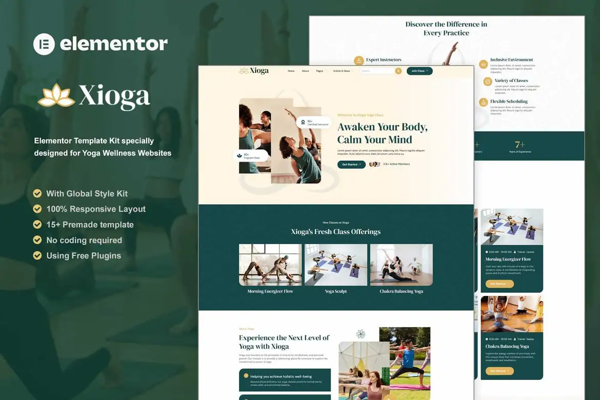 Xioga - Kit de plantillas Elementor para yoga y bienestar