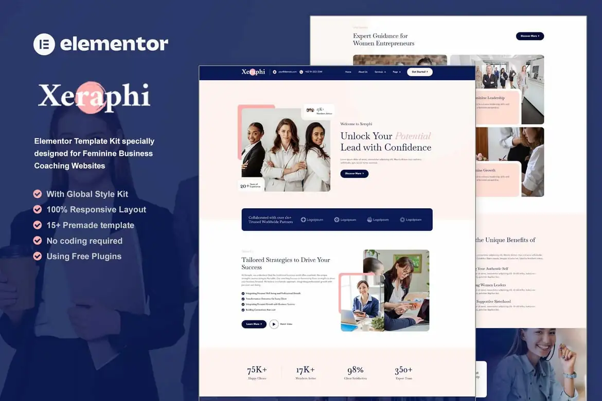 Xeraphi - Kit de plantillas Elementor para coaching empresarial femenino