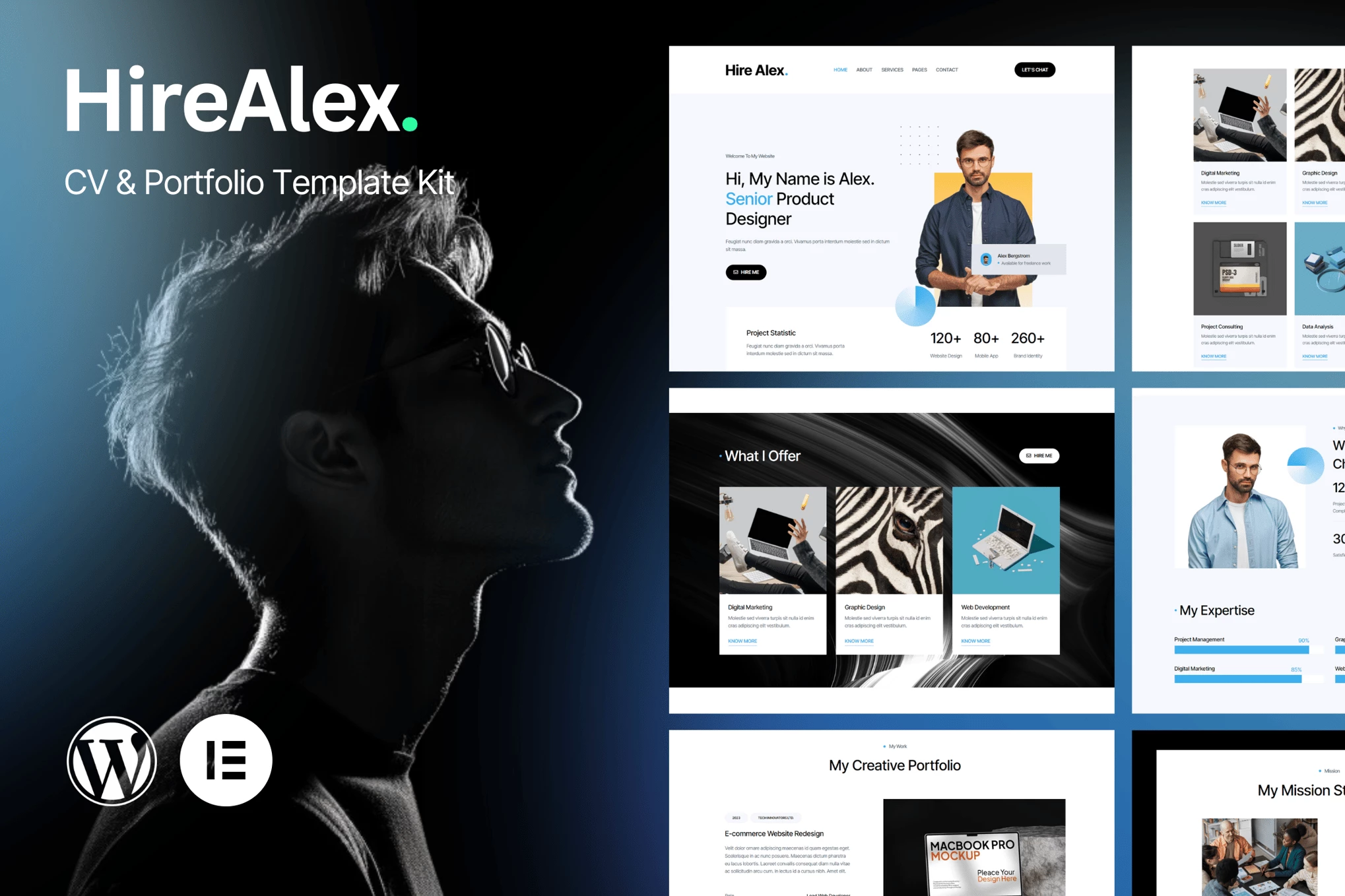 HireAlex - Kit de Plantillas Elementor para CV y Porfolio
