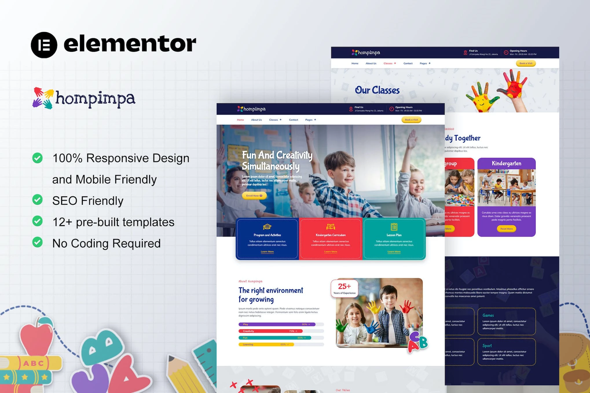 Hompimpa - Template Kit Elementor para jardín de infantes y cuidado infantil