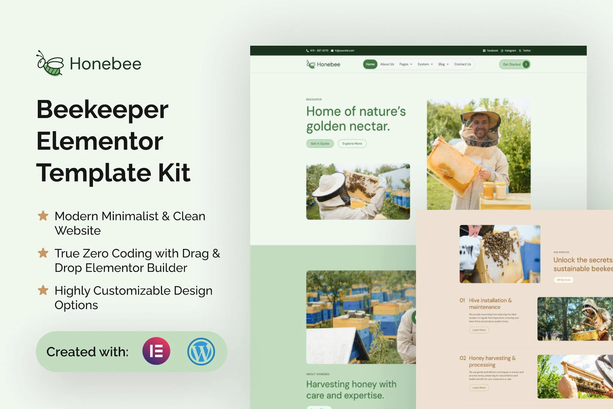 Honebee - Kit de plantillas Elementor para Beekeeper