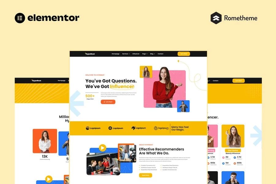 Hypebeat - Kit completo de plantillas de sitio Elementor Pro para agencia de marketing de influencers