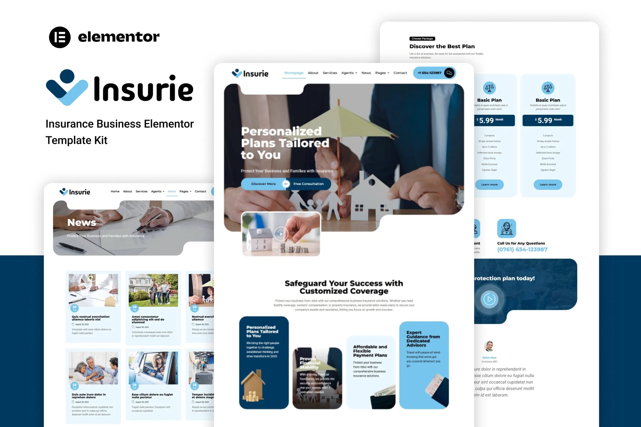 Insurie - Kit de plantillas Elementor para empresas de seguros