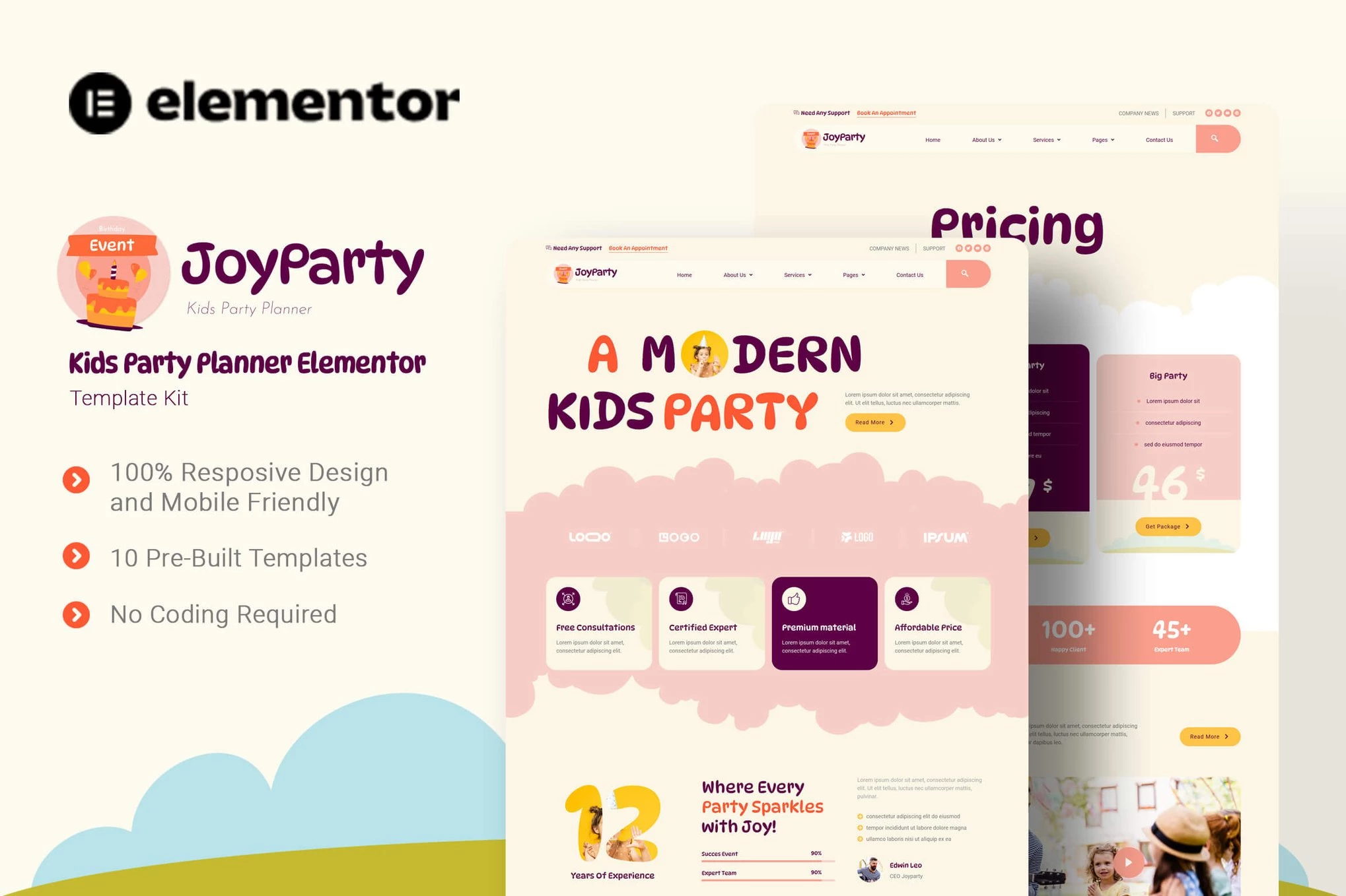 JoyParty - Kit de plantillas Elementor para planificador de fiestas para niños