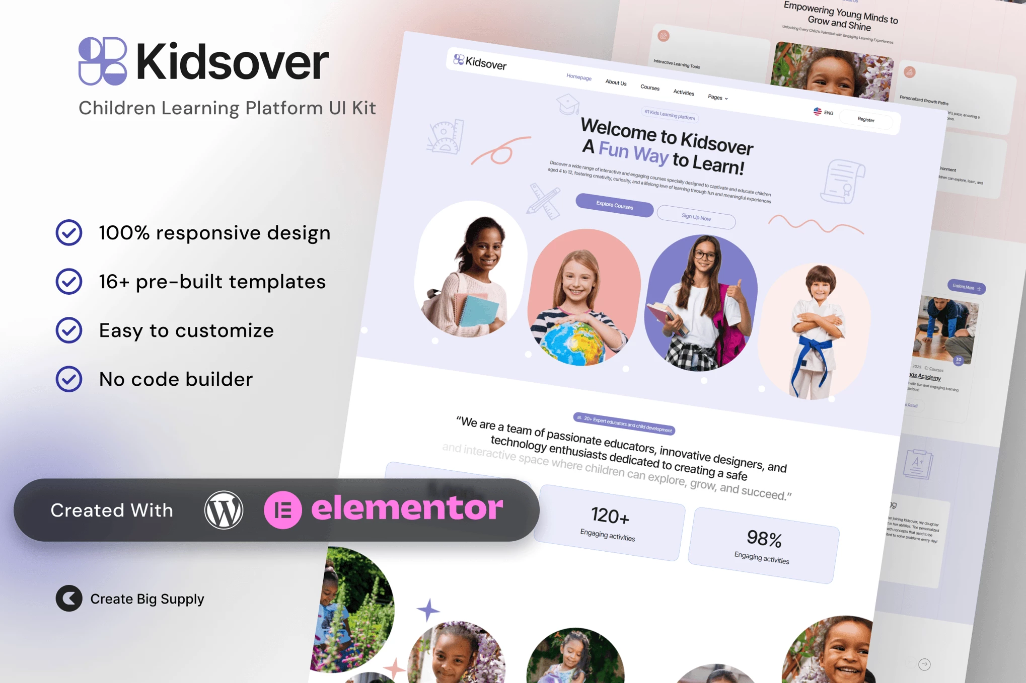 Kidsover: Kit de plantillas Elementor para plataforma de aprendizaje infantil