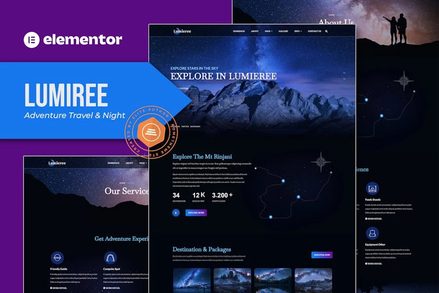 Lumieree - Template Kit Elementor para viajes de aventura y acampada nocturna