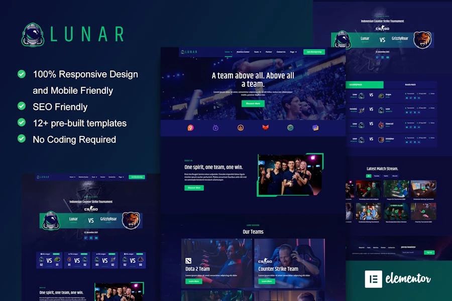 Lunar - Kit de plantillas Elementor para juegos y deportes electrónicos