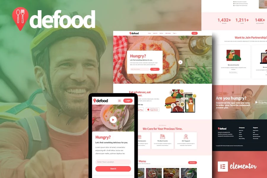 DeFood - Kit de plantillas Elementor para entrega de comida