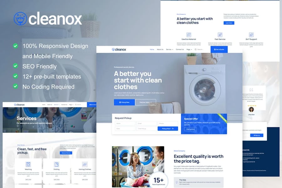 Cleanox - Kit de plantillas Elementor para servicio de lavandería