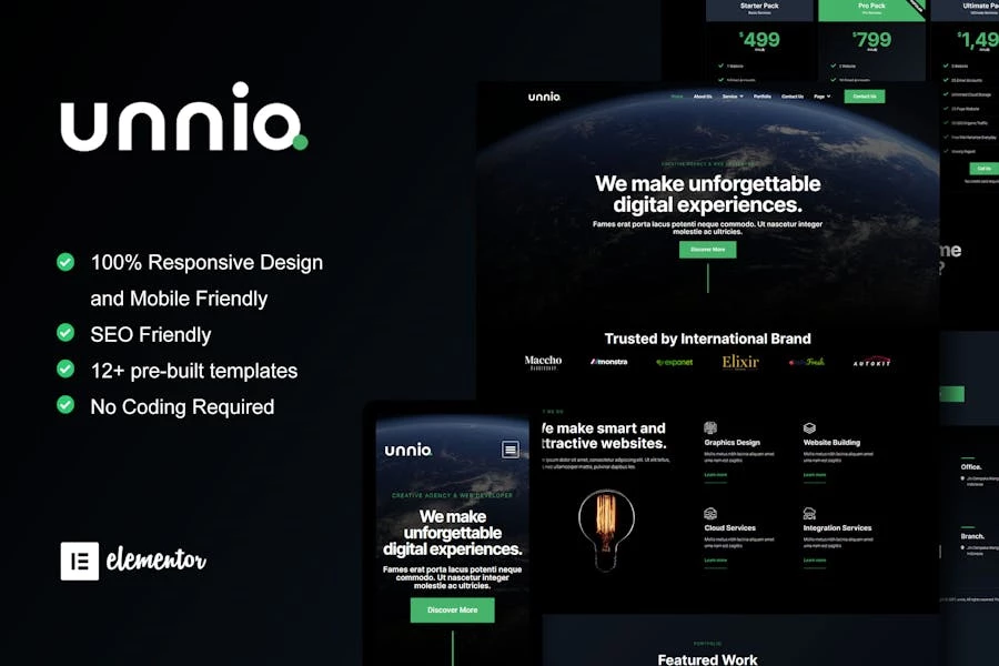 Unniq - Kit de plantillas Elementor para agencia creativa digital oscura