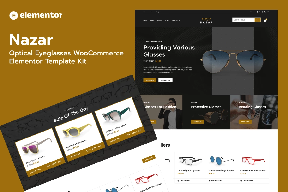 Nazar - Kit de plantillas Elementor Pro de WooCommerce Store para gafas ópticas