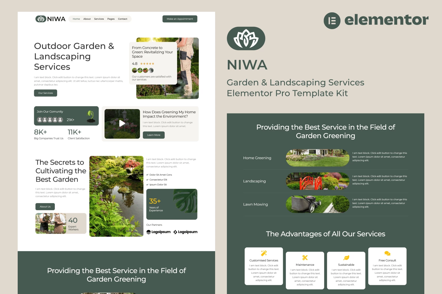 Niwa - Kit de plantillas Elementor Pro para servicios de jardinería y paisajismo
