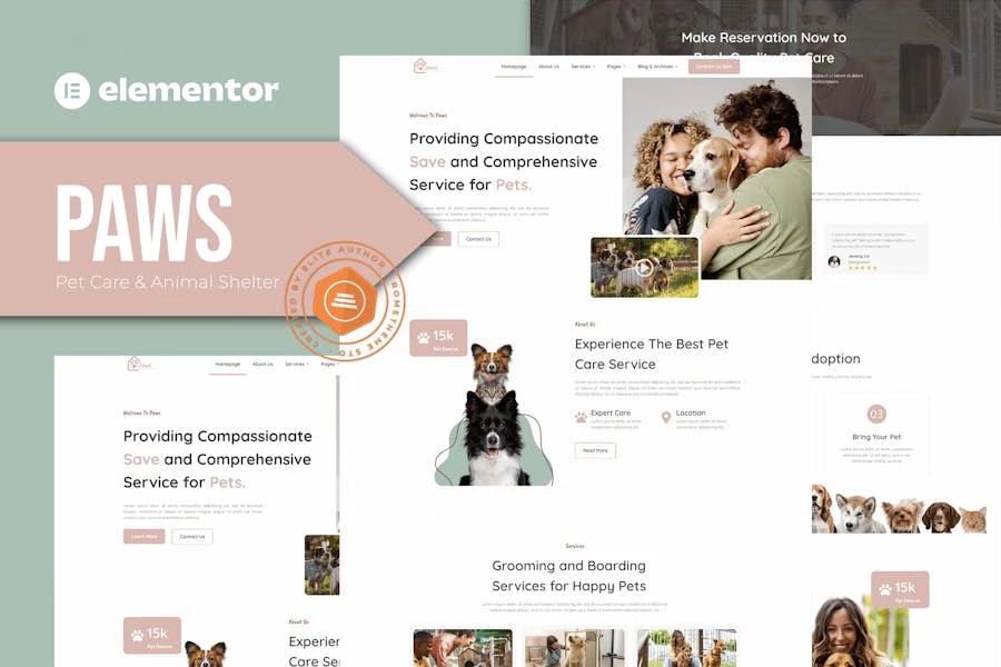 Paws - Kit de plantillas Elementor para el cuidado de mascotas y refugios de animales