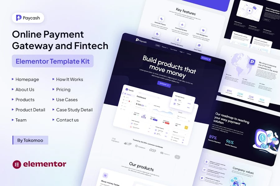 Paycash: pasarela de pago en línea y Template Kit Fintech Elementor