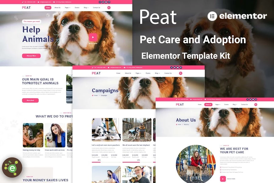 Peat - Template Kit Elementor para el cuidado y la adopción de mascotas