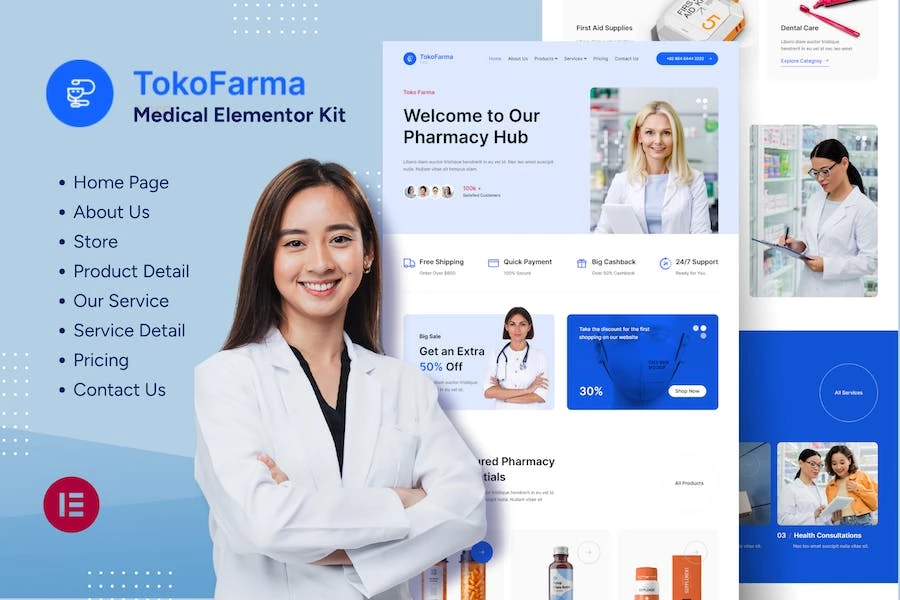 TokoFarma - Kit de plantillas Elementor para tienda de medicamentos de comercio electrónico