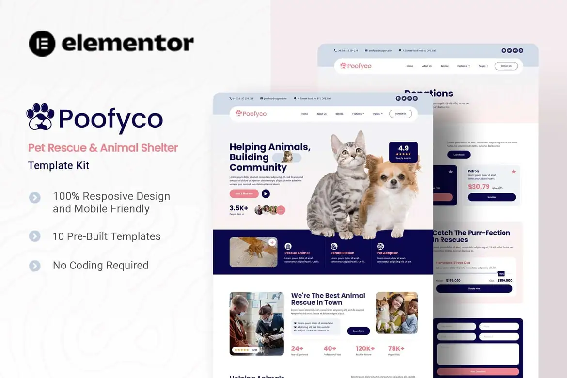 Poofyco - Kit de plantillas Elementor para rescate de mascotas y refugios de animales