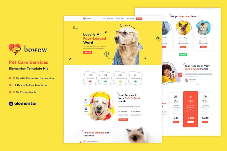 Bowow - Kit de plantillas Elementor para servicios de cuidado de mascotas