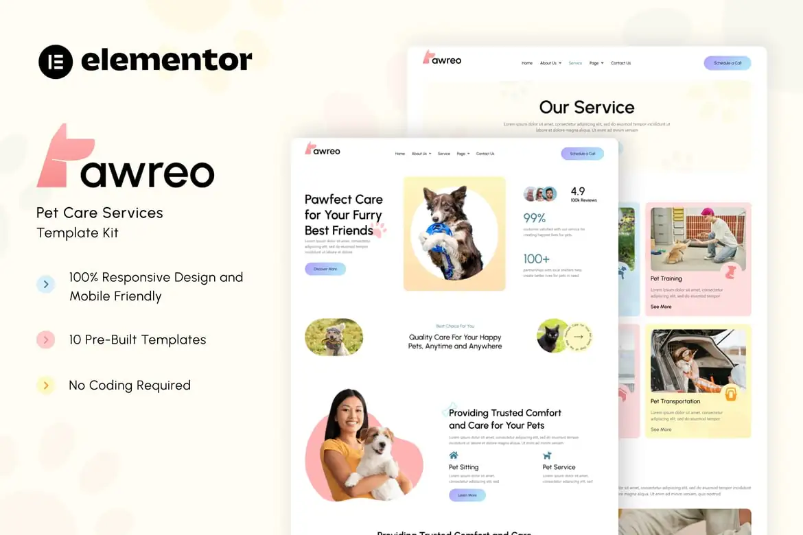 Pawreo - Kit de plantillas Elementor para servicios de cuidado de mascotas