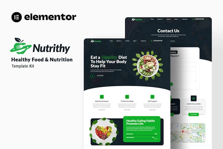 Nutrithy - Template Kit Elementor sobre alimentación y nutrición saludables