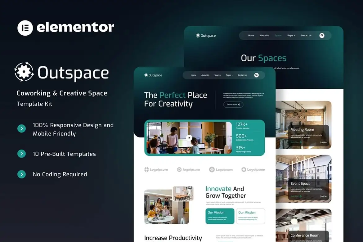 Outspace - Kit de plantillas Elementor para espacios creativos y de coworking