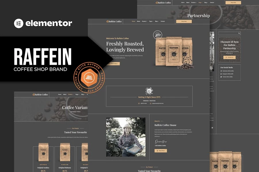 Raffein - Template Kit Elementor de la marca de la cafetería