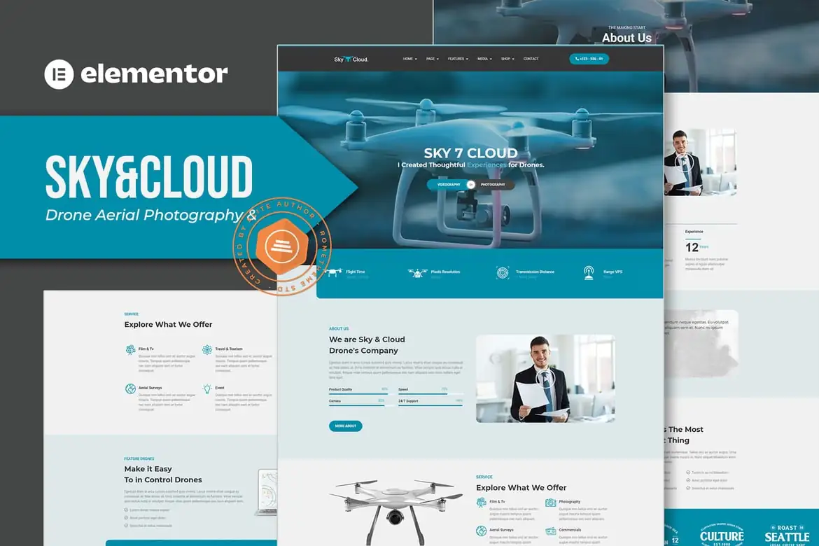 Sky&Cloud - Template Kit Elementor para fotografía aérea y videografía con Zumbido