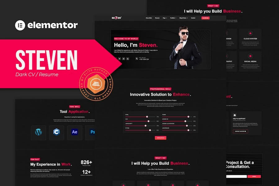 Steven - Template Kit Elementor para currículum vitae oscuro