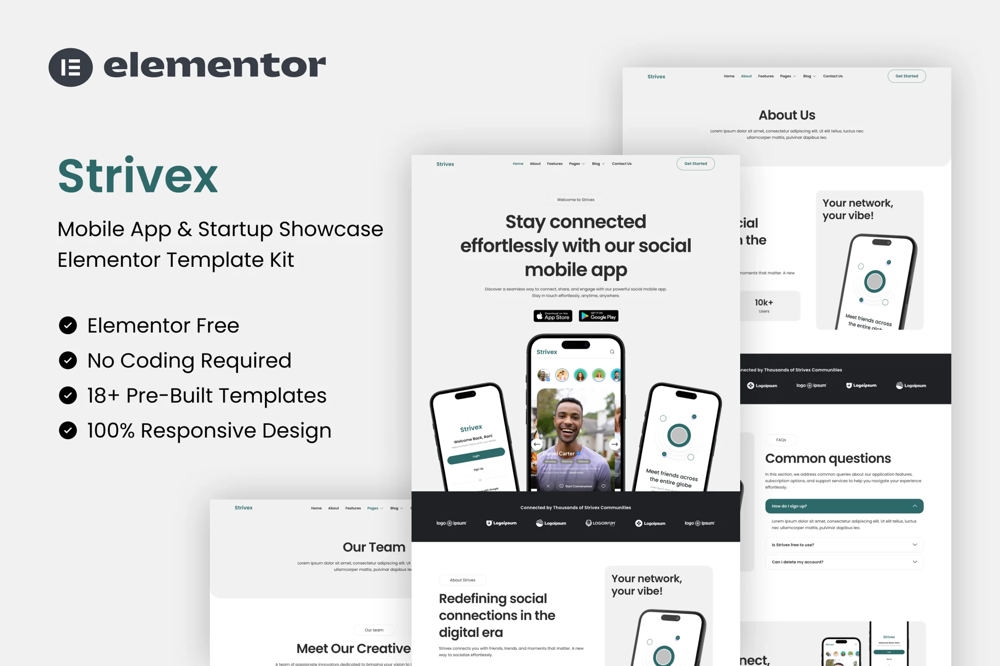 Strivex - Kit de Plantillas Elementor para Presentaciones de Aplicaciones Móviles y Startups