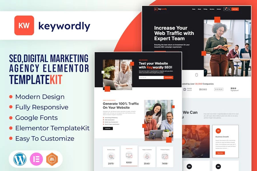 Keywordly - Kit de plantillas Elementor para Agencia de Marketing Digital