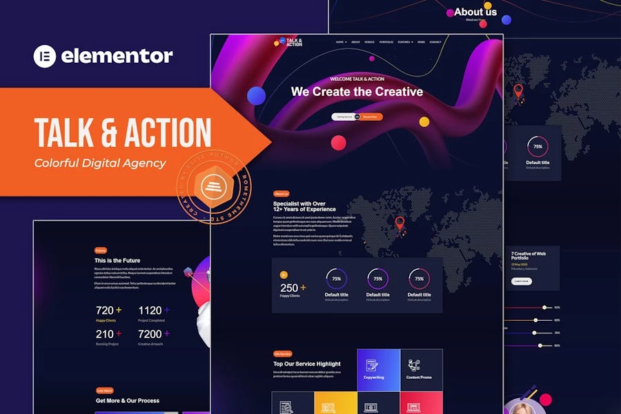 Talk & Action - Template Kit coloridas para Elementor de agencia digital
