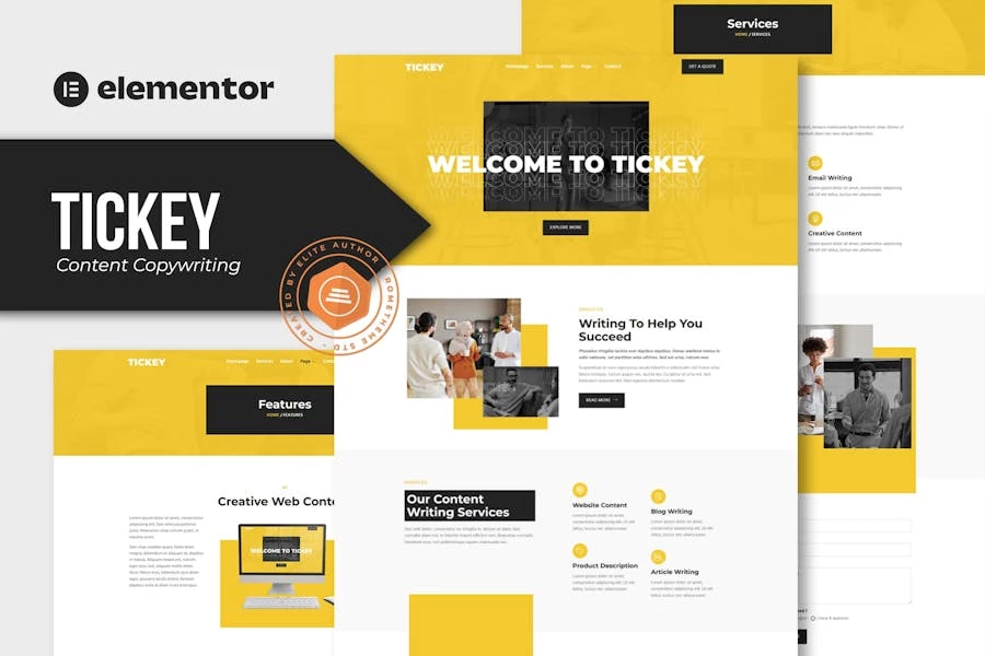 Tickey - Template Kit Elementor para servicios de redacción de contenido