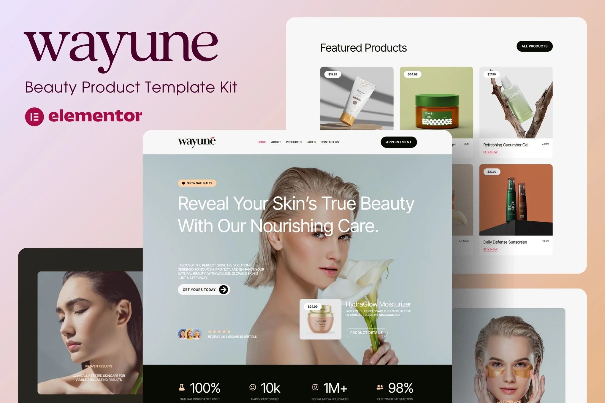 Wayune - Kit de plantillas Elementor para productos de cuidado de belleza