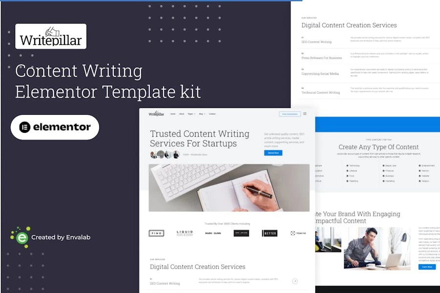 Writepillar - Kit de plantillas Elementor para servicios de redacción de contenido
