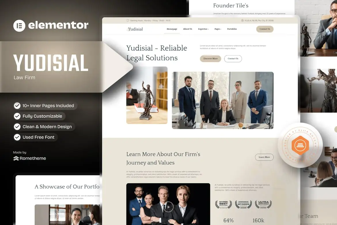 Yudisial - Kit de plantillas Elementor para bufete de abogados