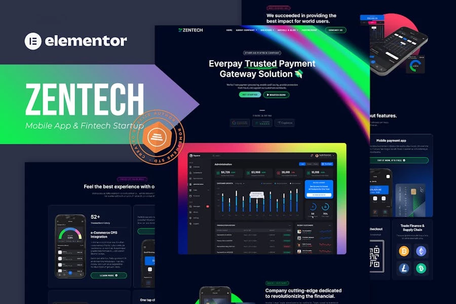 Zentech - Kit de plantillas Elementor para empresas emergentes de tecnología financiera y aplicaciones móviles