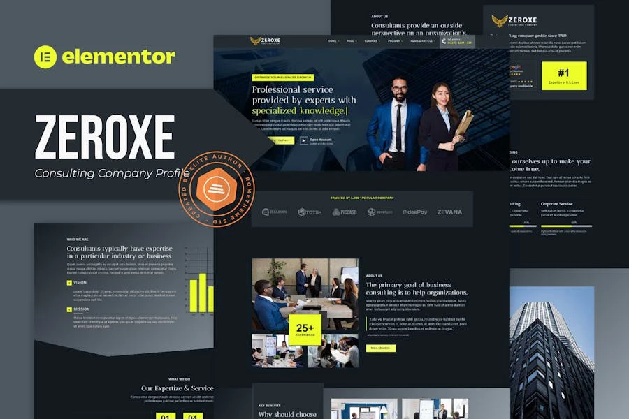 Zeroxe - Kit de plantillas Elementor para el perfil de una empresa consultora