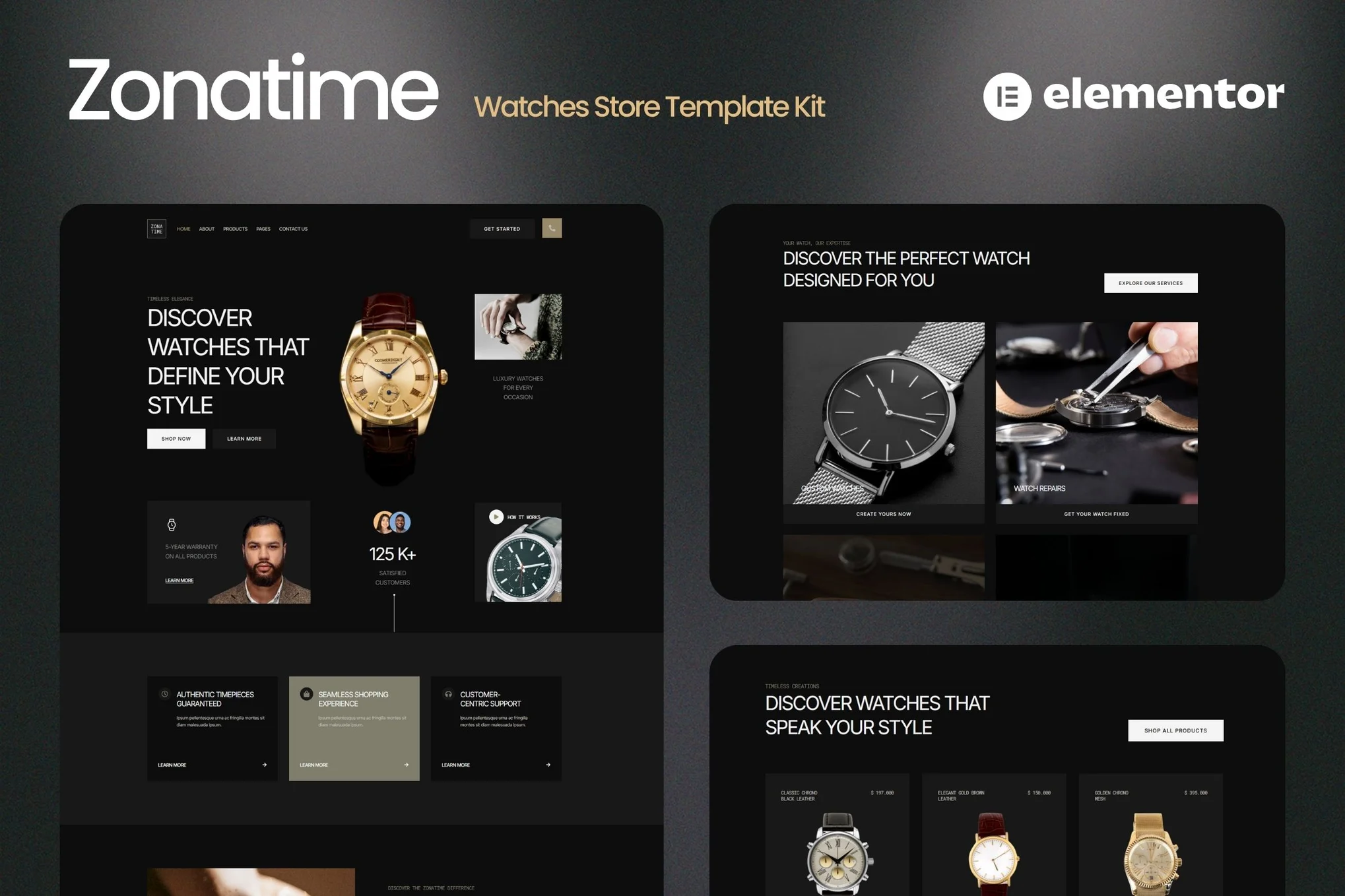 Zonatime - Kit de Plantillas Elementor de Tema Oscuro para Watch Store