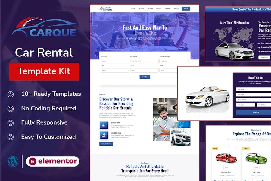 CarQue - Template Kit Elementor para alquiler de automóviles y servicios de automóviles