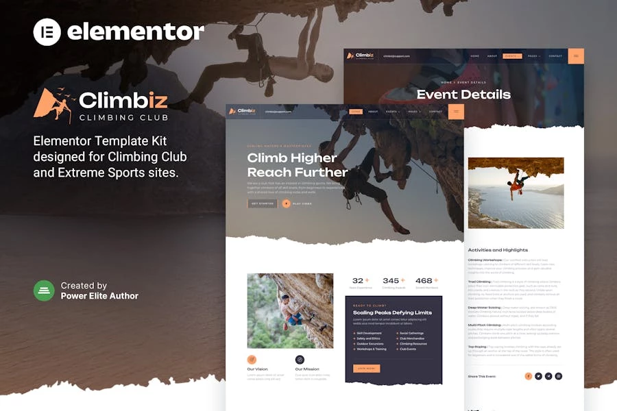 Climbiz ? Kit de plantillas Elementor para clubes de escalada y deportes extremos