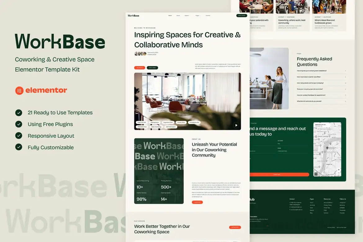 WorkBase - Kit de plantillas Elementor para espacios creativos y de coworking