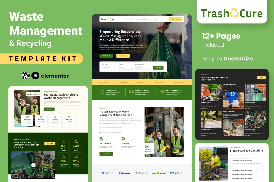 Trashcure ? Kit de plantillas Elementor para el servicio de gestión de residuos y reciclaje
