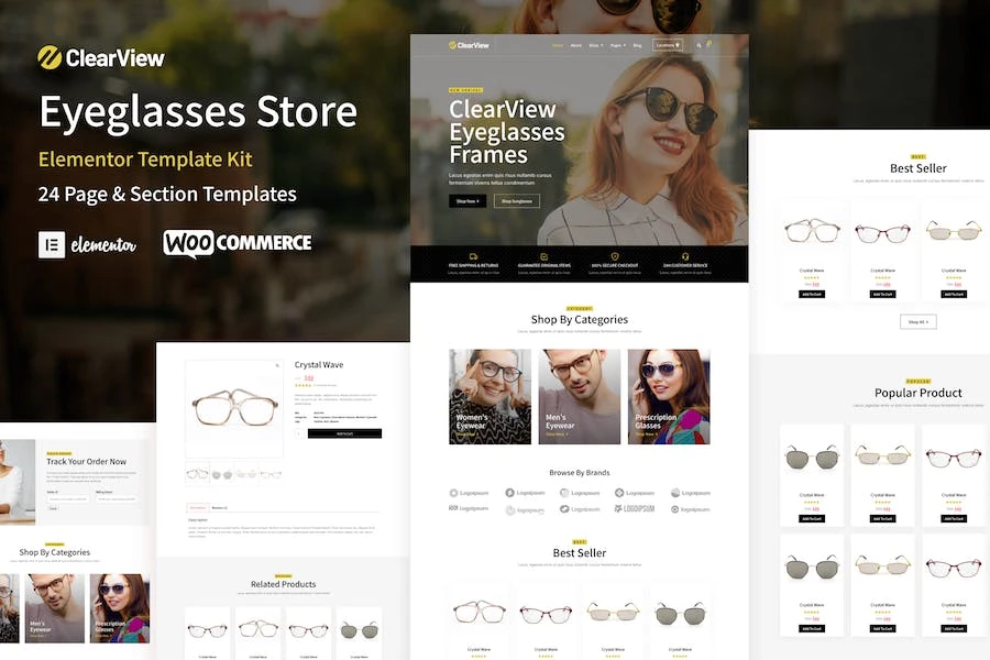 ClearView - Template Kit WooCommerce Elementor para tienda de anteojos y gafas
