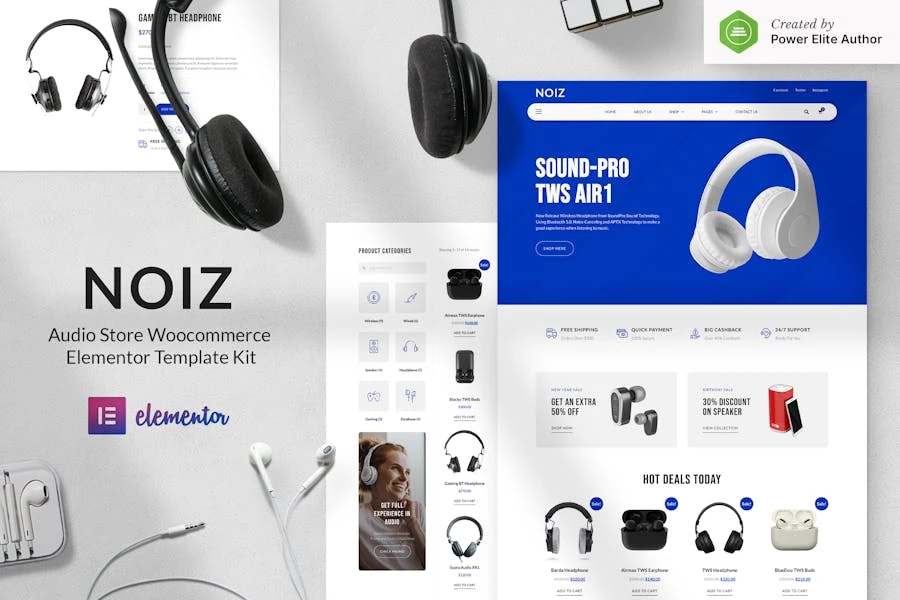 Noiz - Template Kit WooCommerce Elementor para tienda de audio