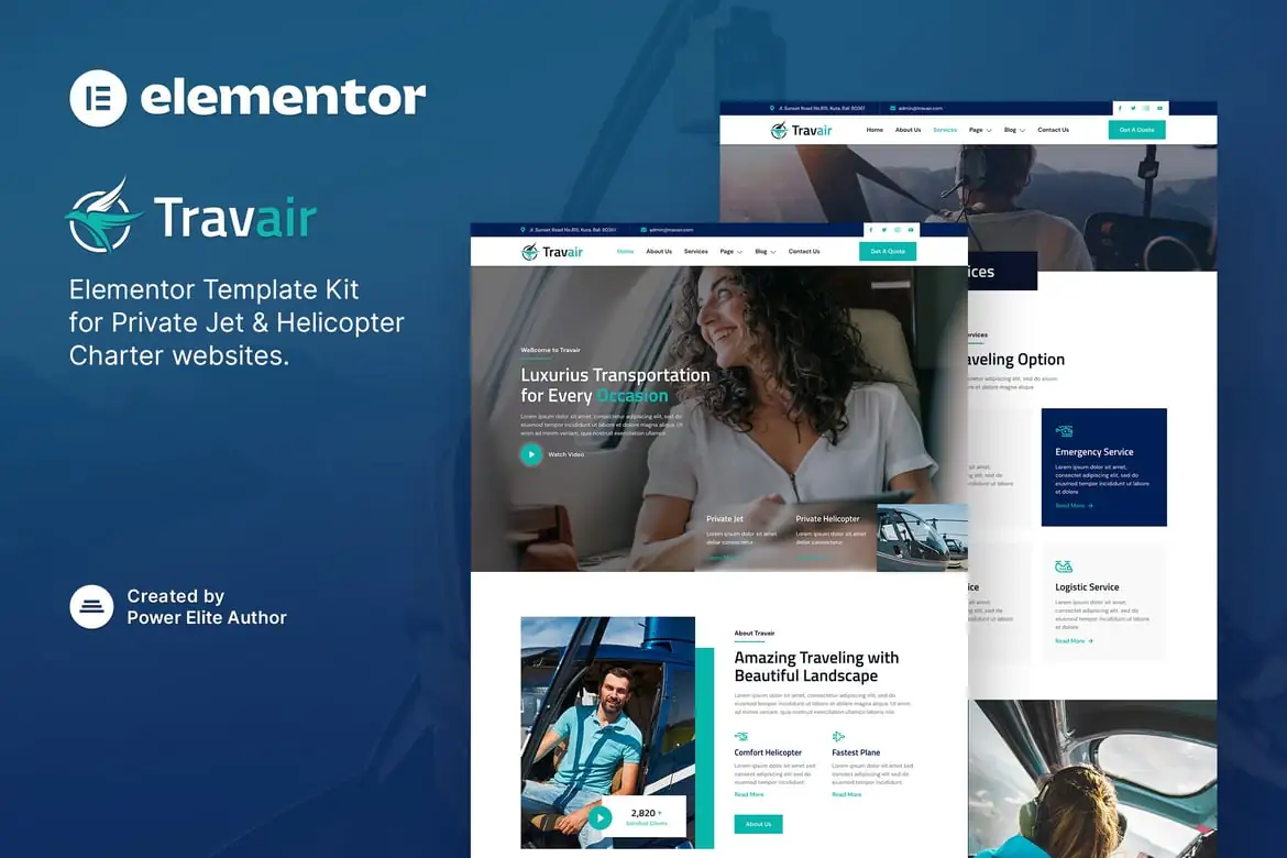 Travair - Template Kit Elementor para chárter de jet privado y helicóptero