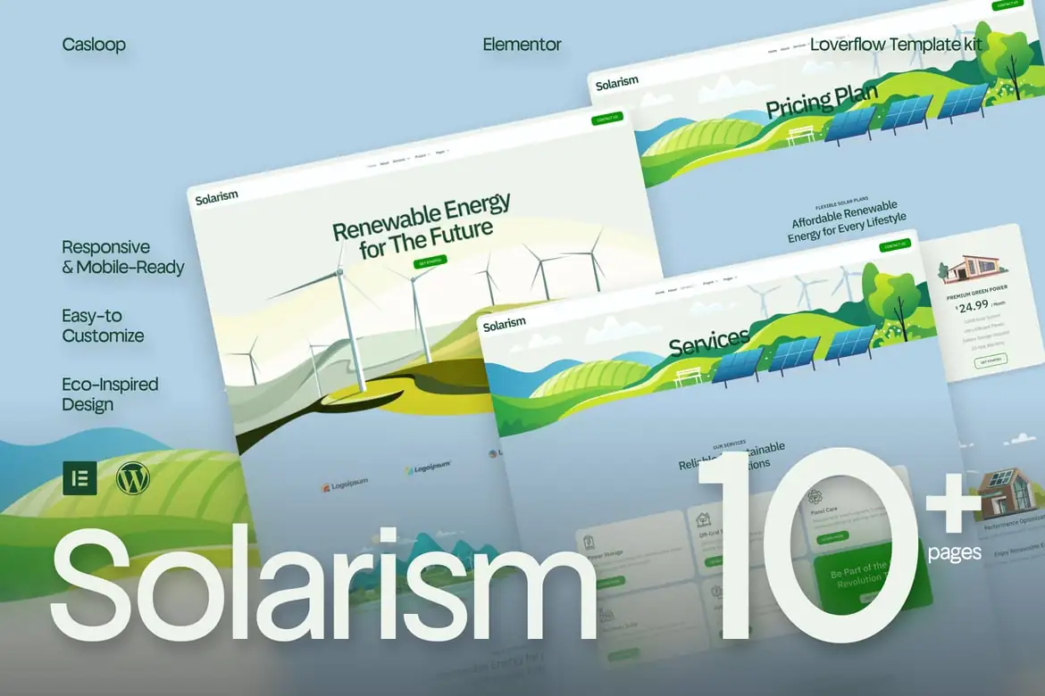 Solarism: Kit de plantillas Elementor para negocios y servicios de energía verde