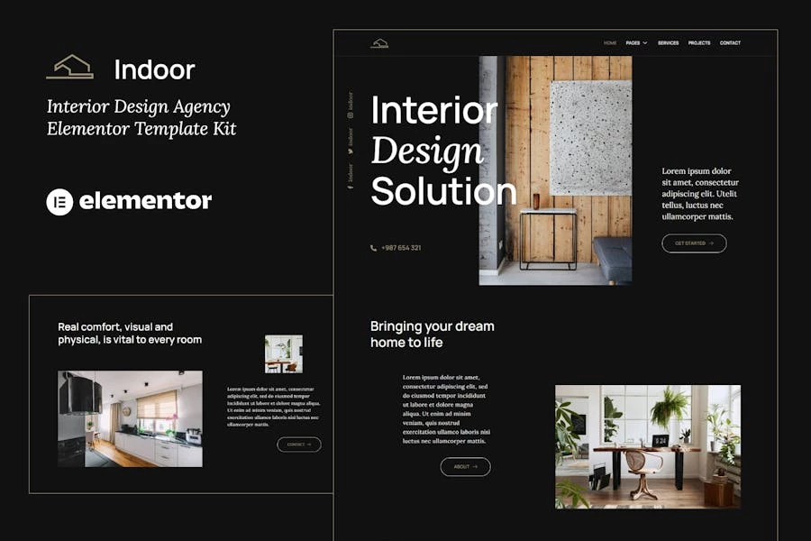 Template Kit Elementor para agencia de diseño y arquitectura de interiores oscuros para interiores