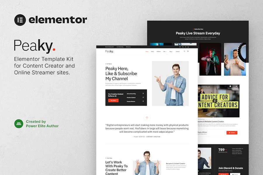 Peaky - Template Kit Elementor para creador de contenido y streamer en línea