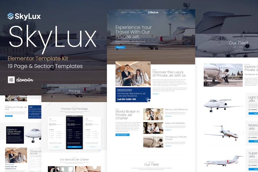 Skylux - Template Kit Elementor para empresas de alquiler de aviones y aviones privados